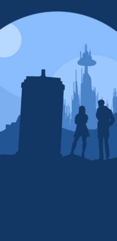 the silhouettes of two people standing in front of an alien city with tall buildings