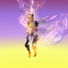a digital painting of a person in the air with fire coming out of their body