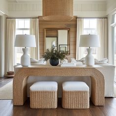 a living room with two lamps and a table