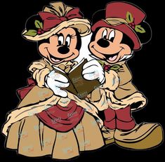 two mickey and minnie mouses reading a book together in front of a black background