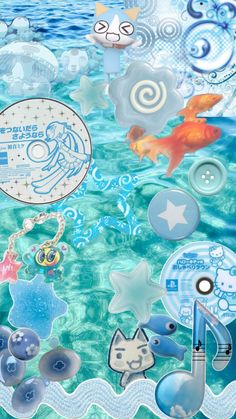 an abstract painting with various items floating in the water