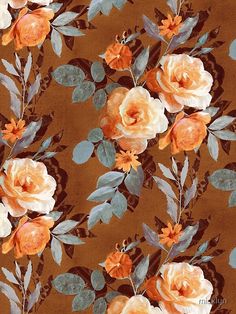 an orange and white flower pattern on brown background