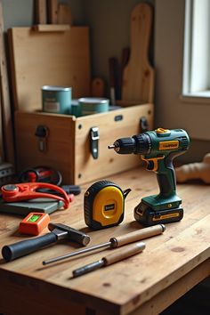 Create an image showcasing a collection of essential tools for home DIY projects. Include items such as a hammer, screwdriver, measuring tape, power drill, level, and pliers arranged on a wooden workbench. The background should reflect a cozy home environment with items like a toolbox, paint cans, and wood planks to emphasize a DIY atmosphere. Use warm lighting to enhance the inviting feel of the scene.
