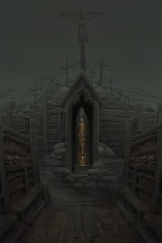 an image of the inside of a building with a crucifix in it