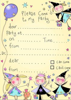 a birthday party card with two kids and balloons