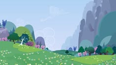 a cartoon scene with trees and mountains in the background, some flowers on the ground