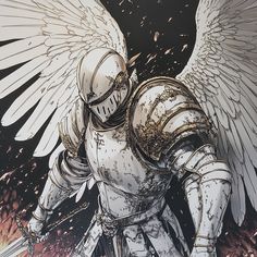 an illustration of a knight with wings and armor