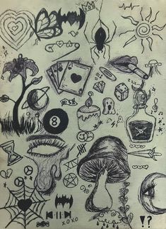 a drawing of various items and symbols on paper with ink pen writing in it,