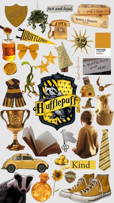 a collage of harry potter images and items