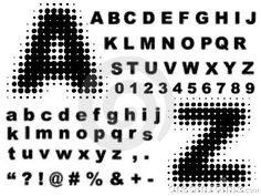 the letters and numbers are made up of halftoned black dots on a white background