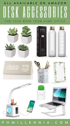 desk accessories for work from home office with text overlay that reads all available on amazon