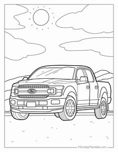 a coloring page with a truck in the desert