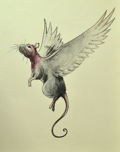 a drawing of a rat flying with its wings spread out and it's head in the air