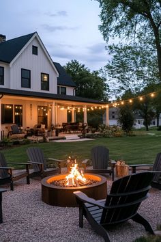 fire pit centered on a patio with chairs arranged around it.