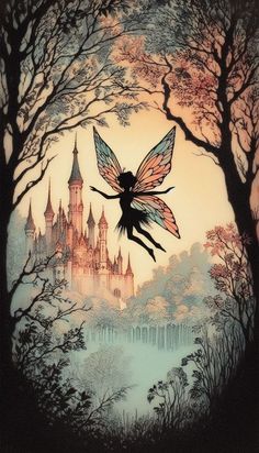 a fairy is flying through the air above trees and buildings in front of a castle