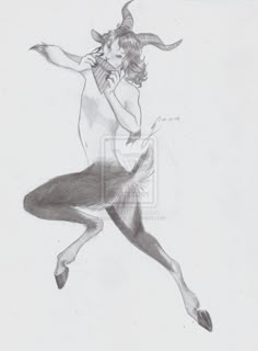 a pencil drawing of a woman riding on the back of a goat in mid air