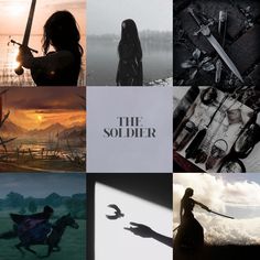 a collage of photos with the words the soldier on them and images of people holding swords