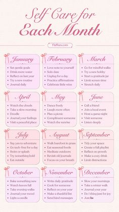 Nurture your well-being all year long with this beautifully designed "Self Care for Each Month" chart. Each month features 5 simple, soothing self-care ideas to help you slow down, reflect, and recharge. Perfect for wellness lovers, therapists, life coaches, or anyone looking to build mindful routines. Self Care Monthly Routine, Monthly Self Care Ideas, Ideas For Monthly Self-assessment, Monthly Self Care, Things To Do Each Month Of The Year, Challenges For Each Month, Daily Weekly Monthly Checklist, Self Care Schedule Monthly, Self Care Checklist Monthly