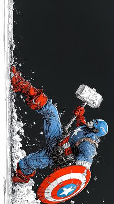 a drawing of a man falling from the sky with an american flag on his back