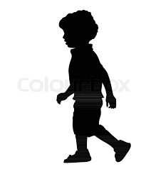a black and white silhouette of a young boy walking with his foot in the air
