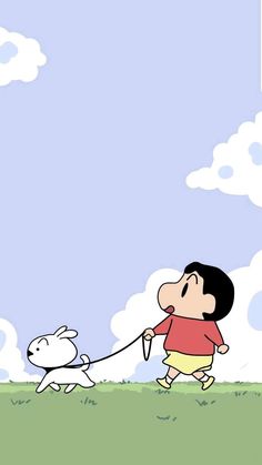 a man walking a dog on a leash in the grass with a kite flying above him