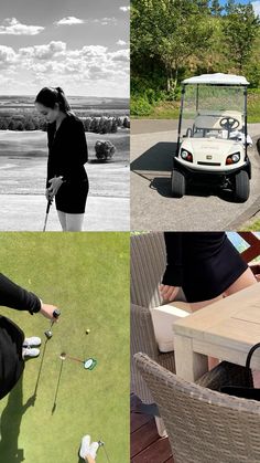 four different shots of people playing golf on the grass and in the water, with one woman holding a golf club