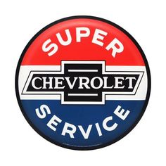 a red, white and blue chevrolet service sign