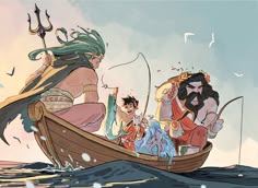 two people in a boat on the water with one person holding a spear and another man standing next to him