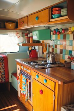 the kitchen is clean and ready to be used as a camper or motor home