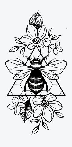 a black and white drawing of a bee with flowers on it's back side