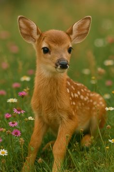 a baby deer standing in the grass with flowers