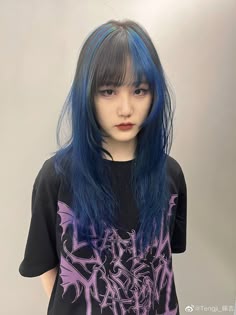 Blue Bangs With Brown Hair, Blue Hair Strikes, Blue Ghost Roots Black Hair, Blue Black Layered Hair, Black Hair Blue Tips, Blue And Black Wolfcut, Blue Black Wolfcut, Wolfcut With Blue Highlights, Blue Black Hair With Bangs