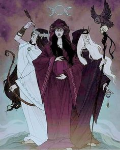 three women dressed as witches standing in front of a full moon with bats and birds