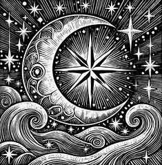 a drawing of the moon with stars and swirls around it in black and white