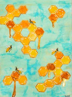 bees and honeycombs painted on watercolor paper with blue sky in the background
