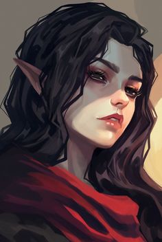 a digital painting of a woman with black hair wearing a red scarf and an evil look on her face