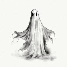 a black and white drawing of a ghost with its eyes open, standing in the fog