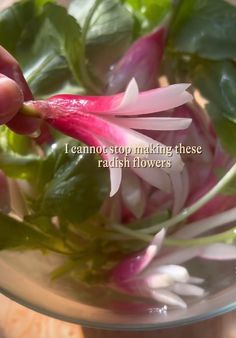 a person is picking up some flowers in a glass bowl with the words, i cannot stop making these radish flowers