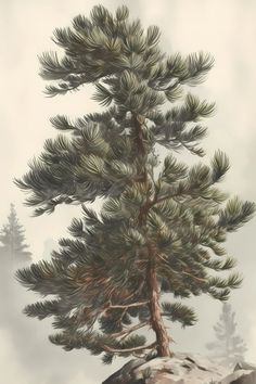 a pine tree sitting on top of a rocky hill next to a foggy sky