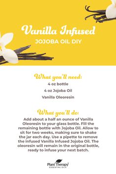Diy Vanilla Jojoba Oil, How To Make Jojoba Oil At Home, Jojoba Oil For Hair Growth, Vanilla Infused Jojoba Oil Diy, Vanilla Jojoba Oil Benefits, Essential Oil Recipes With Vanilla, Diy Vanilla Essential Oil, Vanilla Body Oil Recipe, Vanilla Body Oil Diy