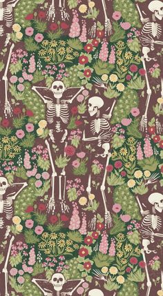 A design with two skeletons reclined in peaceful poses in a bed of flowers
