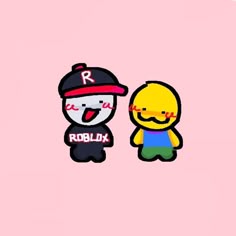 two cartoon characters are standing next to each other on a pink background with the word roblux
