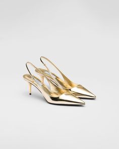 Luxury Modern Gold Heels, Luxury Gold Slingback Heels, Prada Gold, Gold Prada Shoes, Gold Prada Heels, Luxury Gold Leather Heels, Prada Gold And Black Heels, Prada Metallic Shoes, Prada Gold Sandals
