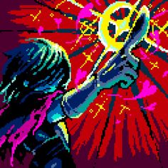 a woman holding a tennis racquet on top of a red and yellow background