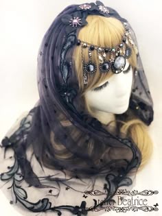 Fantasy Headwear, Fantasy Head Accessories, Astral Veil Adornments, Moon Headdress, Fortune Teller Veil, Veil Headdress, Whimsical Adjustable Black Headpieces, Black Handmade Fantasy Headpieces, Moon-themed Gothic Accessories