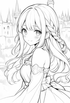 a girl with long hair and braids in front of a castle coloring book page