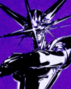 an anime character with two swords in his hands and one arm extended, standing against a purple background
