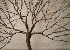 a wire tree with no leaves is shown in front of a beige background and the branches are bare