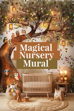 a baby's nursery room with an owl mural on the wall