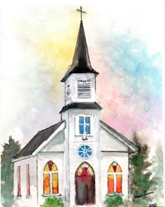 a watercolor painting of a white church with stained glass windows and a steeple